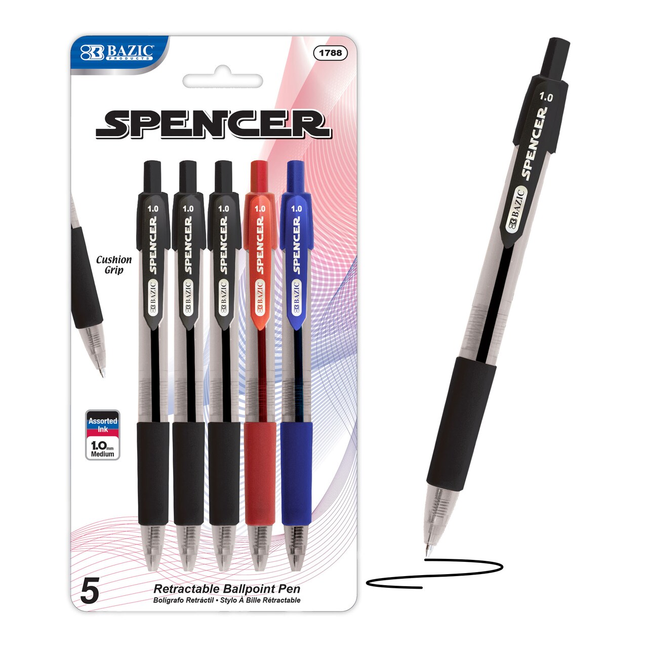BAZIC Spencer Assorted Color Retractable Pen Cushion Grip (5/Pack)